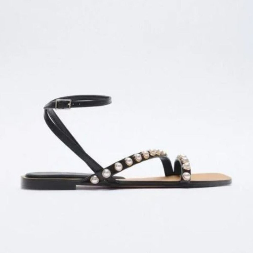 Zara Pearl Accent - Ankle Wrap Style Sandals Size 38